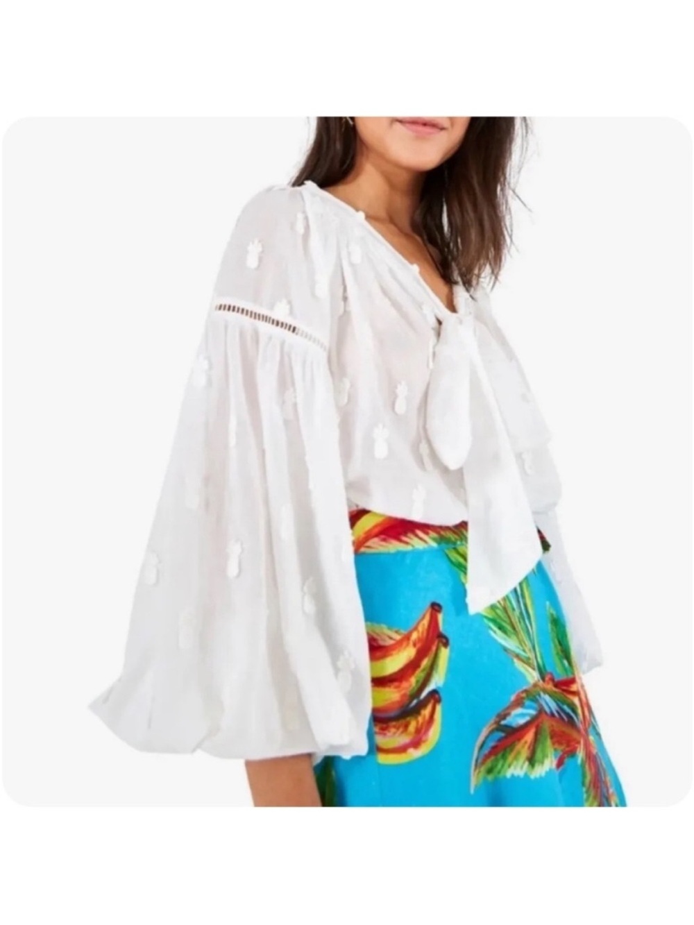 Anthropologie Farm Rio PINEAPPLE TIE FRONT BLOUSE White Embellished Sz L NEW